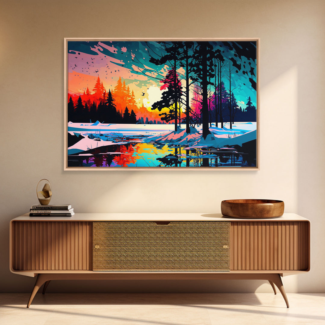 Pop Art Style Water Color of a Winter Forest | Minimalist Contemporary Art | Framed Canvas Print | WPAP Style Landcape Art