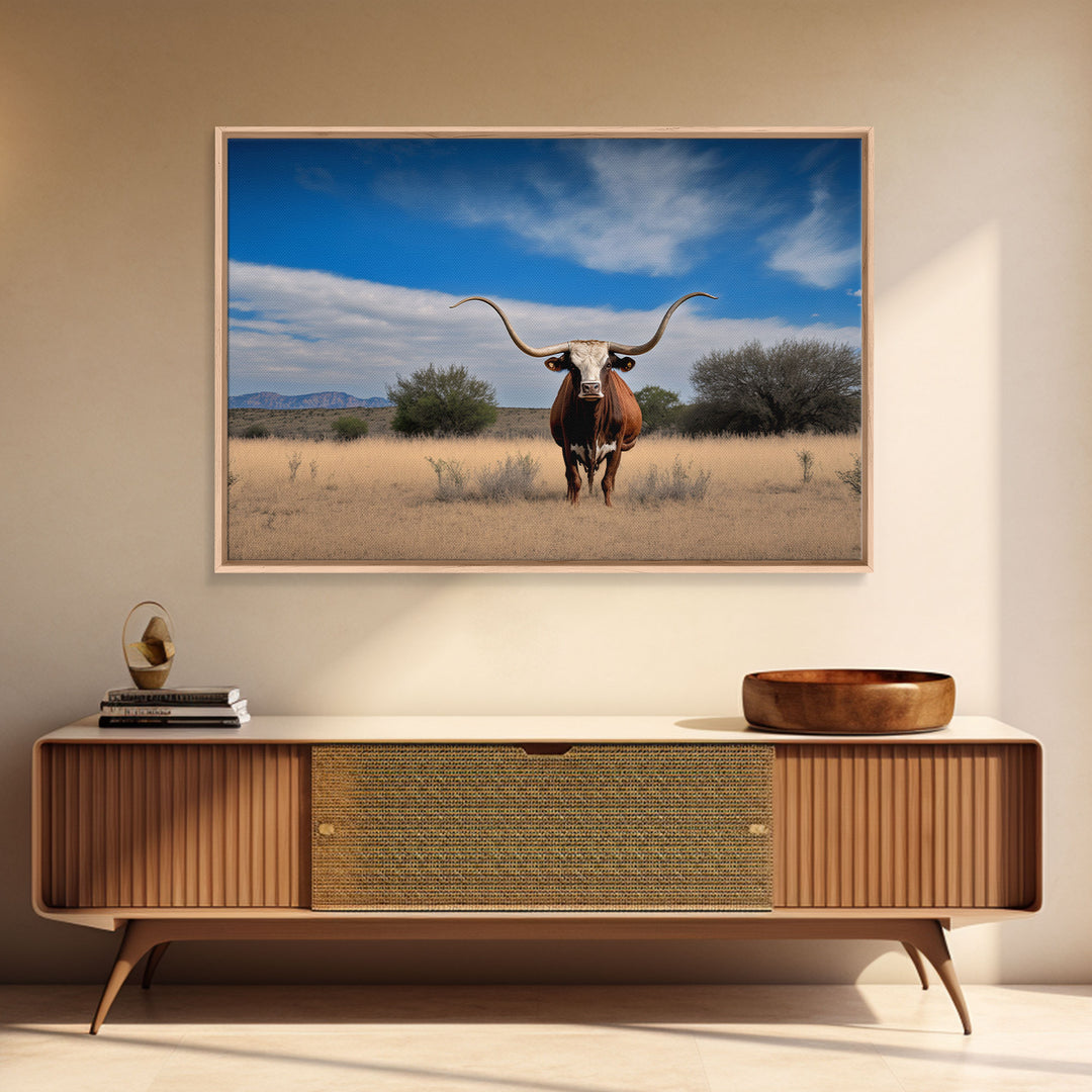 Longhorn cow canvas print, Texas longhorn art, Longhorn canvas print, Farmhouse decor, Rustic wall art, Longhorn wall decor