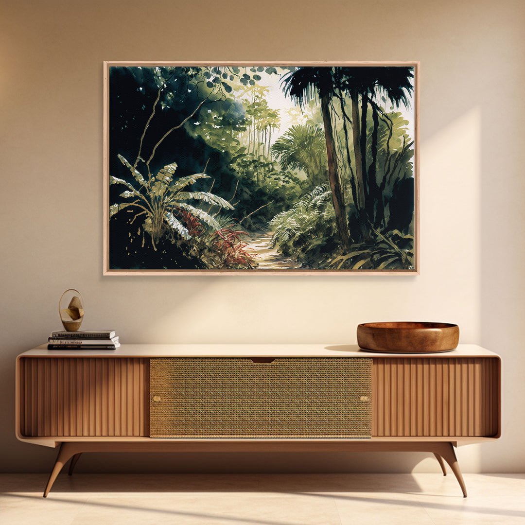Watercolor of a Jungle Landscape, Framed Canvas Print, Framed Wall Art