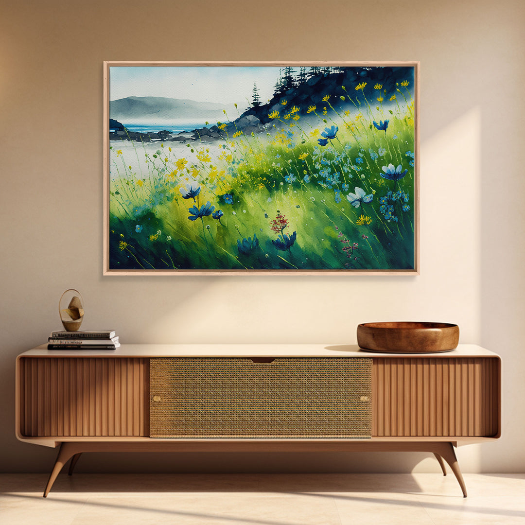 Beautiful Watercolor of a field of blue flowers, framed canvas print, whimsical wall decor, colorful wall art