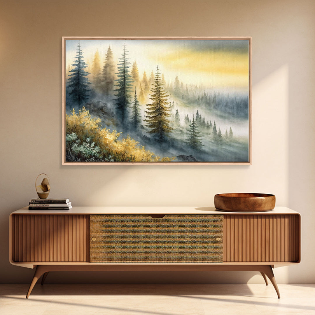 Watercolor of a foggy pine tree forest, framed canvas print, unique wall art, contemporary art