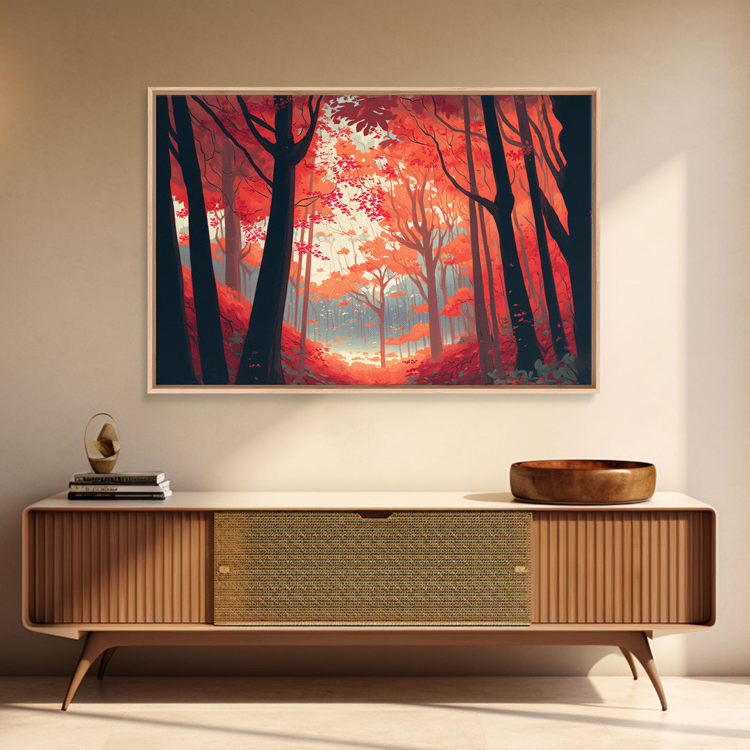 Red Forest, Forest Images, framed canvas print, forest ecosystem wall art, autumn forest wall art
