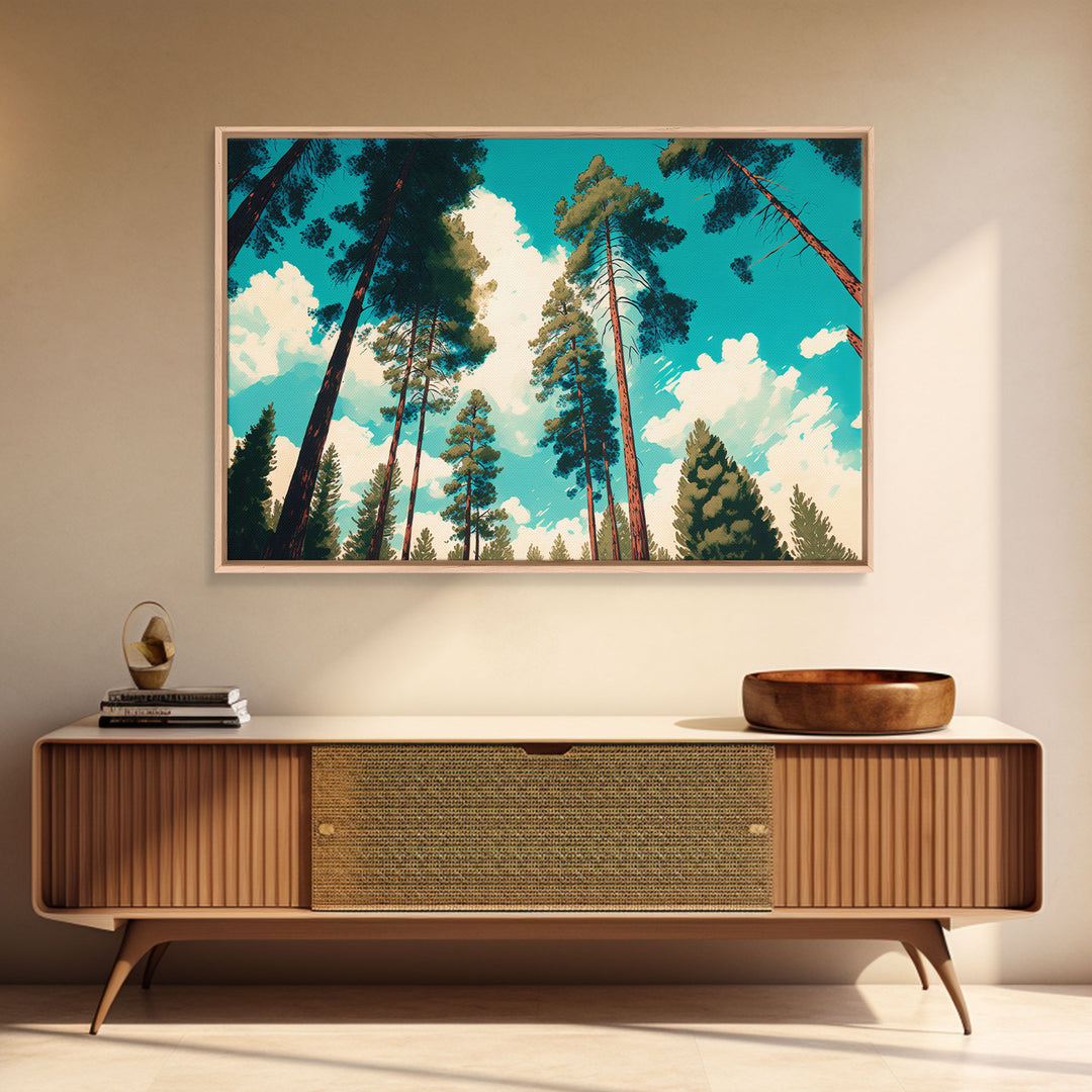 Pine Tree Forest and Blue Skies, Framed Canvas Print, Beautiful Wall Art, Living Room Wall Decor, Pine Cone Tree