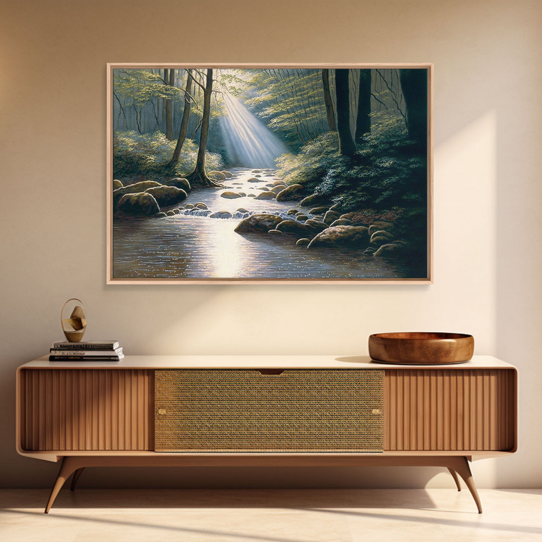 Colorful Watercolor Art, Framed Canvas Print, unique wall art, framed wall art, Landscape watercolor, Beams of Sunlight piercing the canopy