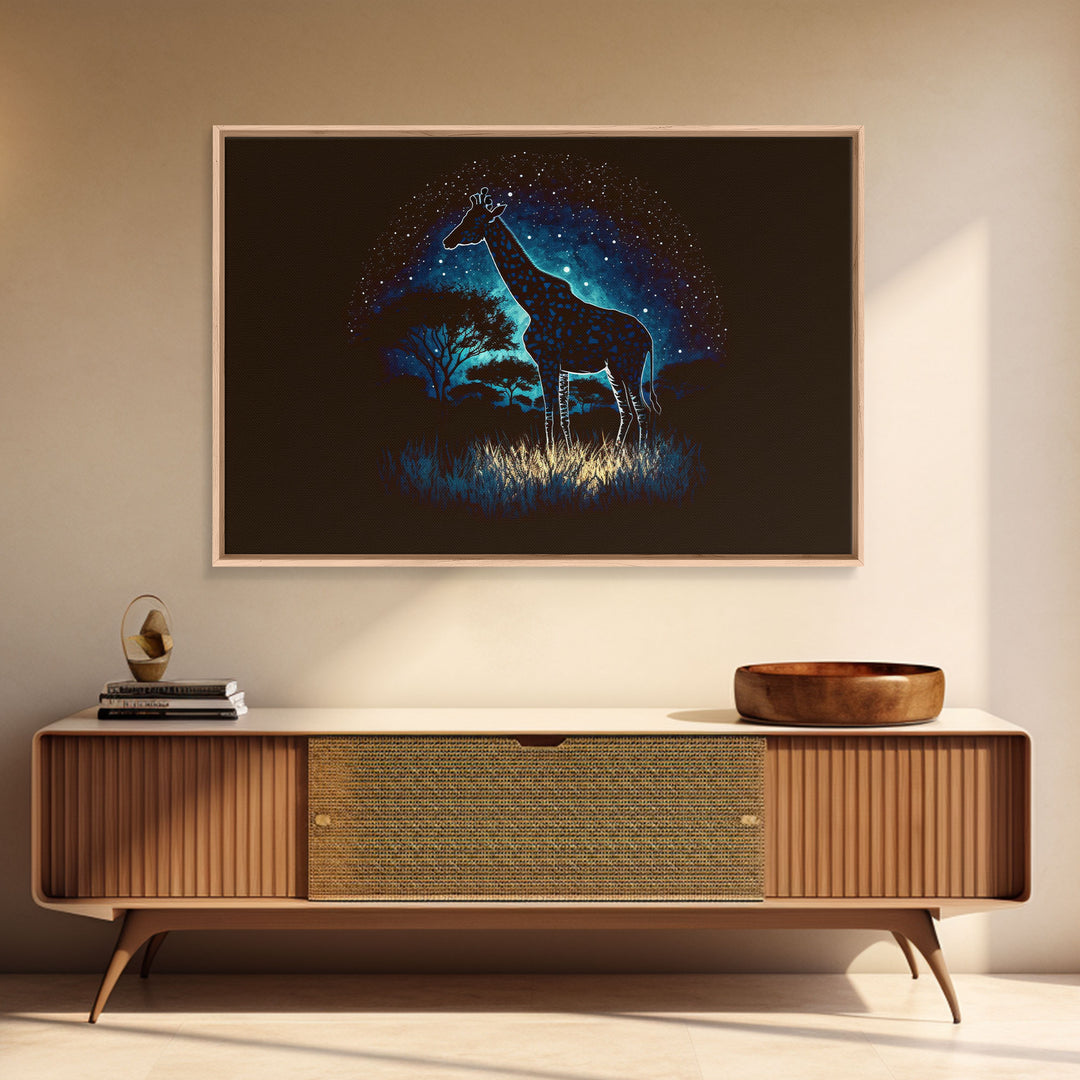 Starry Night over Africa, Giraffe Print, Framed Canvas Art, Galaxy Night Sky, Mancave decor