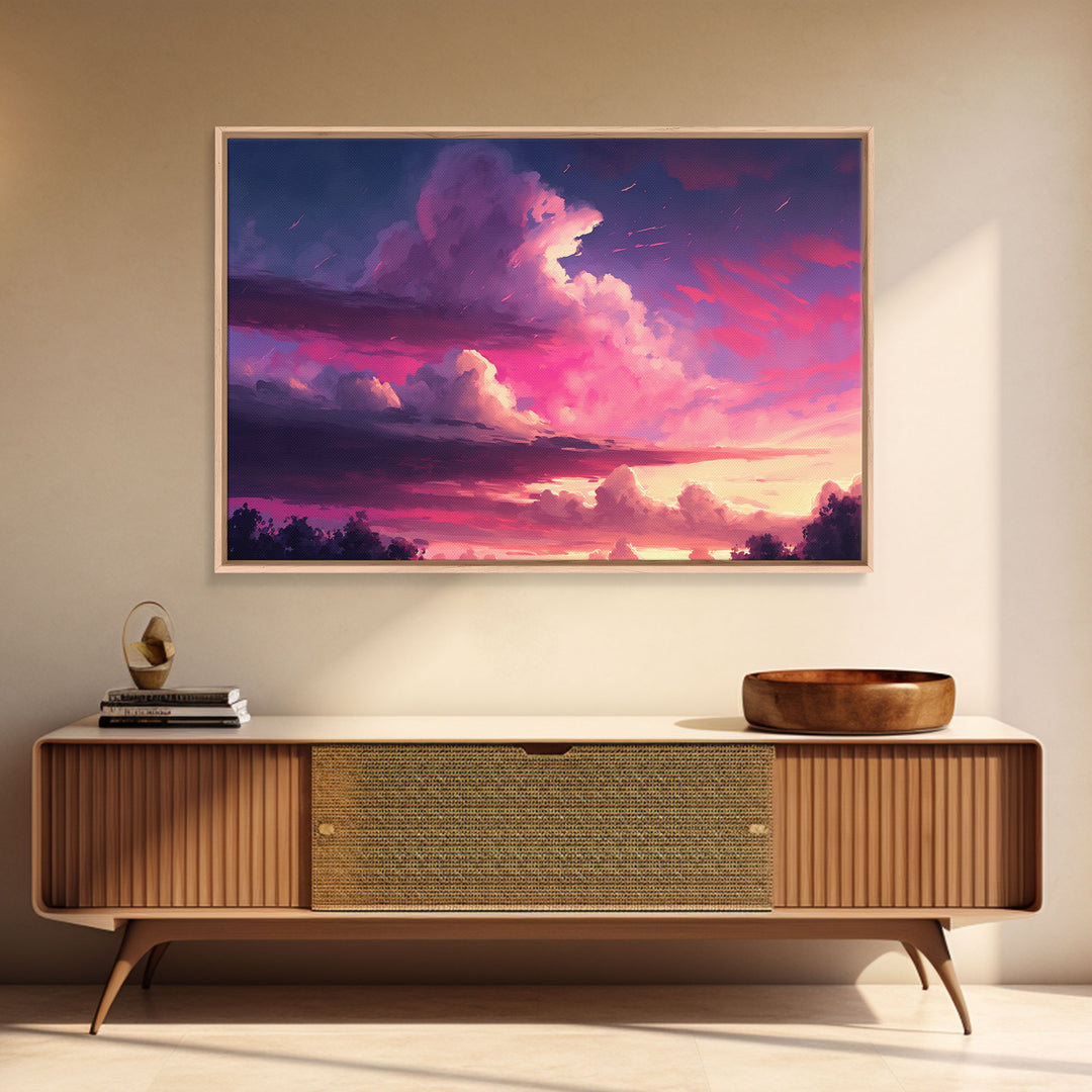 Contemporary Sunset Cloudy Sky, Framed canvas print, colorful landscape art, living room decor