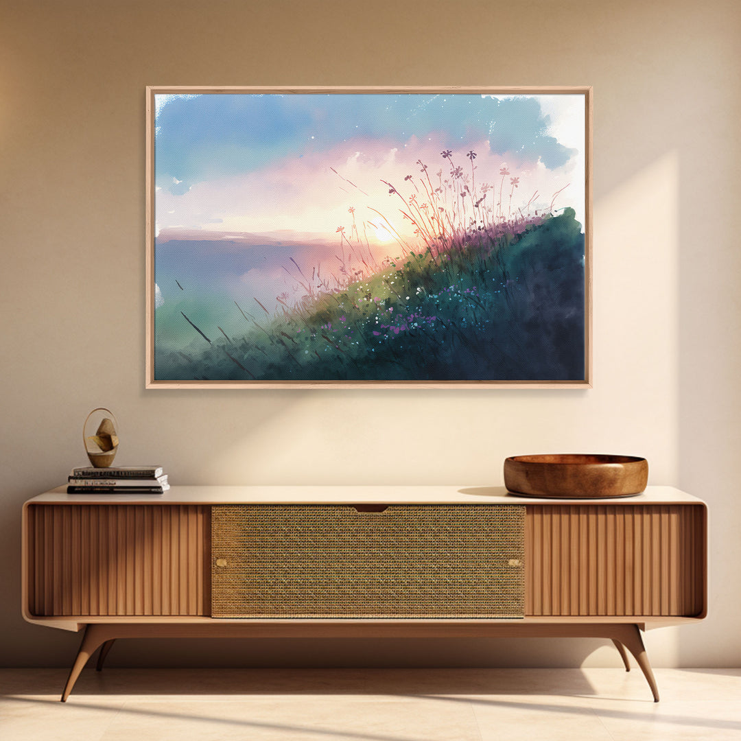 Serene Sunset, Watercolor Landscape Art, Framed Canvas Print, colorful wall art, above couch living room art