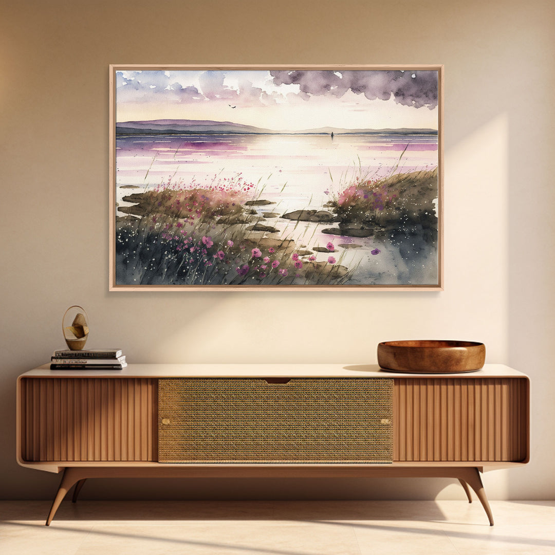 Art for living room, serene landscape watercolor painting, framed canvas print, framed art, wall decoration canvas