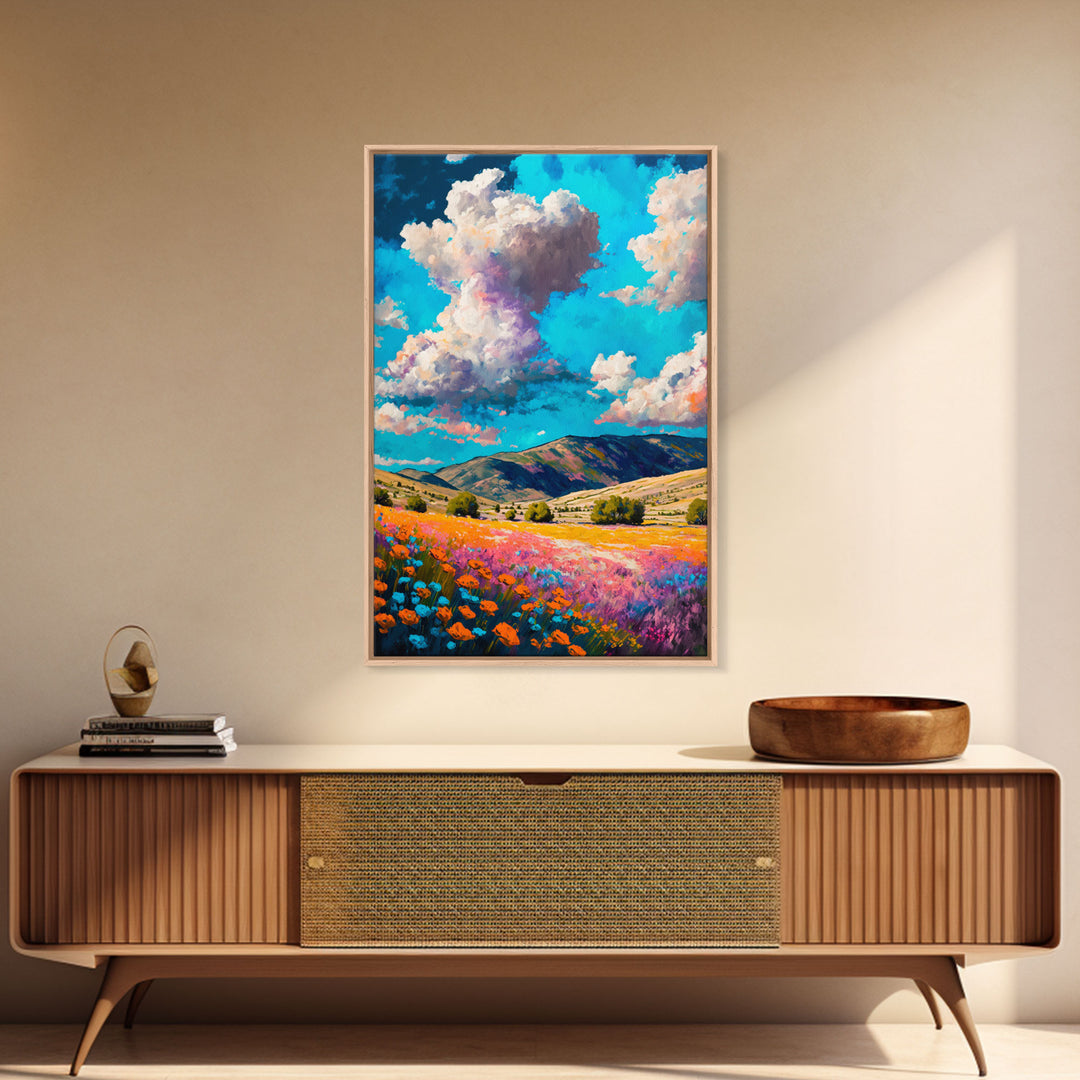 Watercolor Cloudy Day, Fields of Flowers, Framed Canvas Print, Colorful Wall Art, Minimalist Boho Style Wall Art