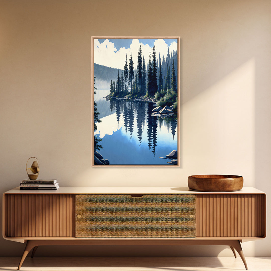 Washington State Pine Tree Forest and Lake Reflection, Framed Canvas print, watercolor painting print, unique living room wall art
