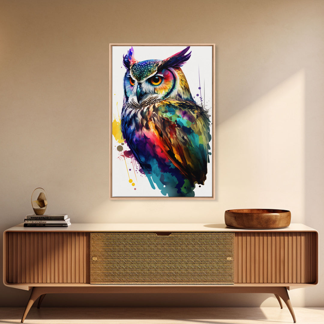 Watercolor Owl Painting Canvas Print, Framed Canvas Art, Pop Art Style, Owl Decor, Owl Print, Owl Art