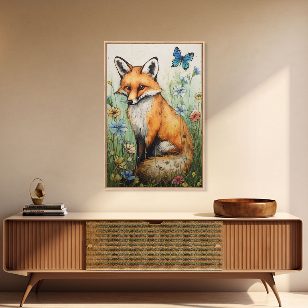 Framed Fox Wall Art, Vintage Wall Art, Muted Neutral Colors, Animal Prints, Farmhouse Wall Decor, Moody Wall Decor, Canvas Print