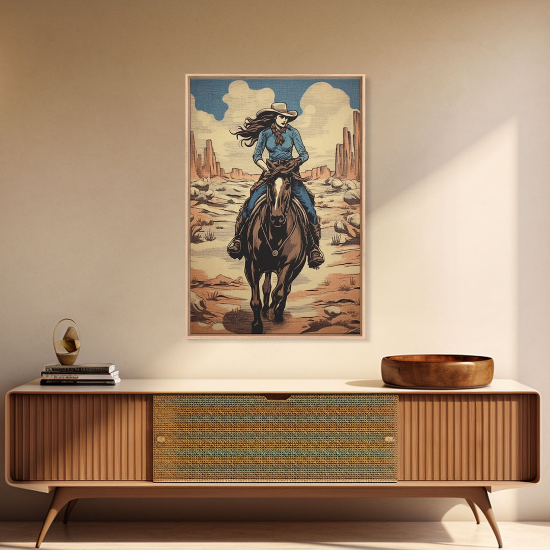 Western Cowgirl Painting Print, Vintage Wall Art, Mid Century Decor, Antique Oil Painting, Moody Print, Western Poster Art