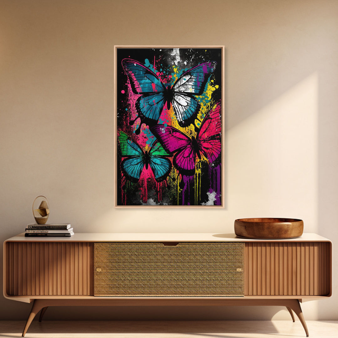 Graffiti Butterfly Art, Framed Canvas Print, Large Wall Art, Contemporary Punk Art, Butterflies, Pop Art, Paint Splatter Art