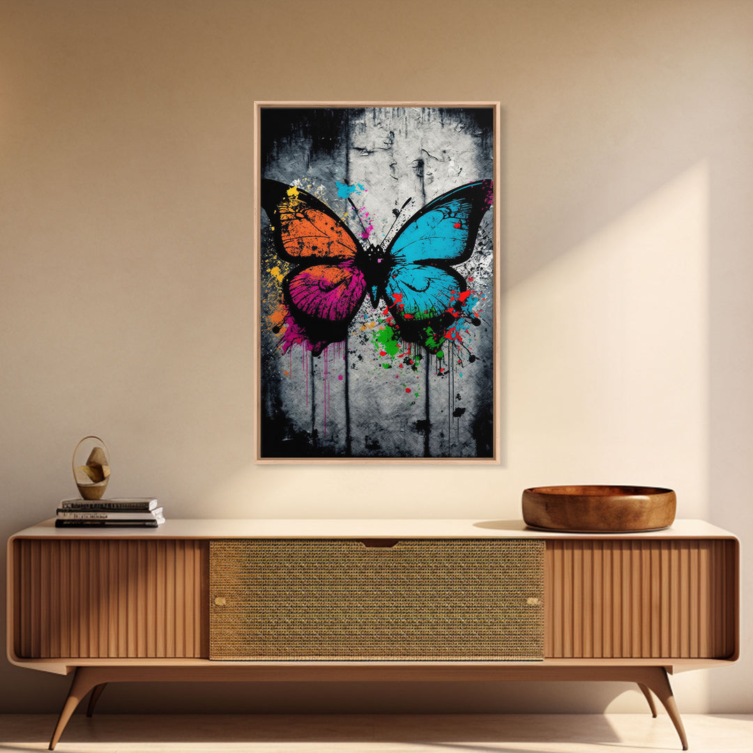 Graffiti Butterfly Art, Framed Canvas Print, Large Wall Art, Contemporary Punk Art, Butterflies, Pop Art, Paint Splatter Art