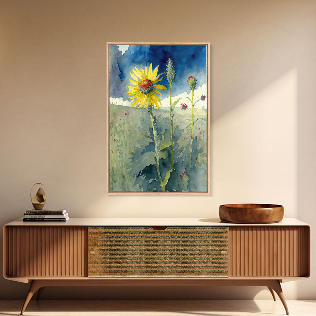 Watercolor Painting Print of a Sunflower and Wildflowers, Framed Canvas Art, Framed Print, Living Room Wall Decor