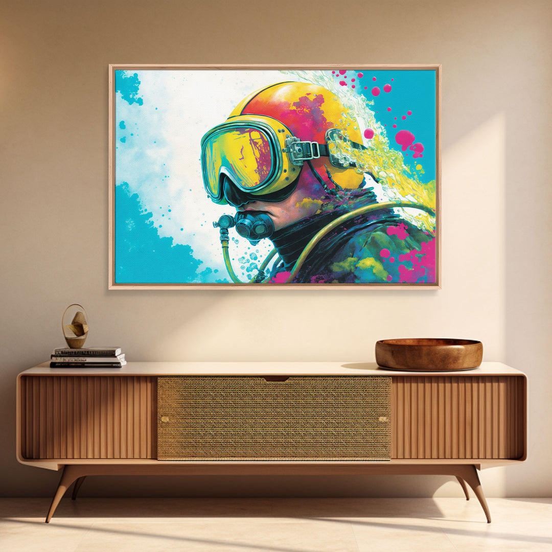 Graffiti Pop Art Scuba Diver, Framed Canvas Print, Scuba Painting, Retro Under Water Punk Art