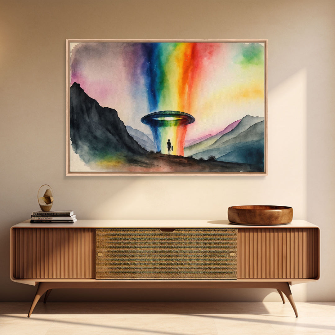 The Abduction, Rainbow UFO Art, Watercolor, Framed Canvas Print, Science Fiction Wall Decor