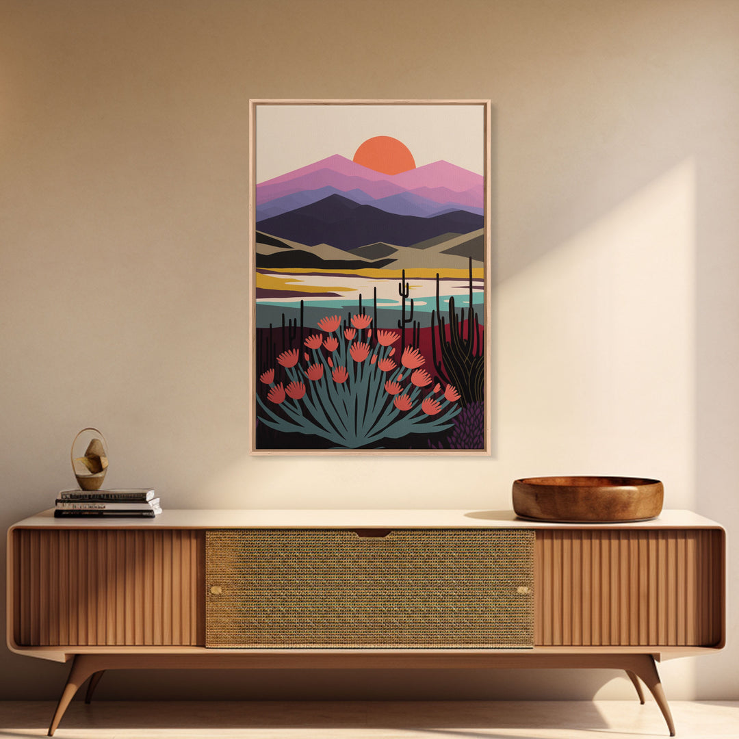 Boho Style Mountain Landscape, Minimalist Art, Sunset Over The Mountains