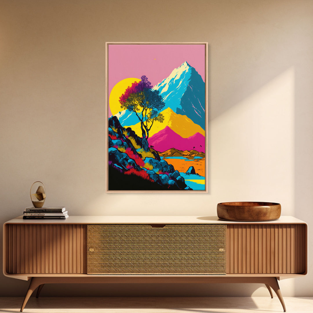 Retro Midcentury Style Wall Art, Framed Canvas Print, Colorful Wall Art, Mountain Landscape, Office Decor, Low Res Art