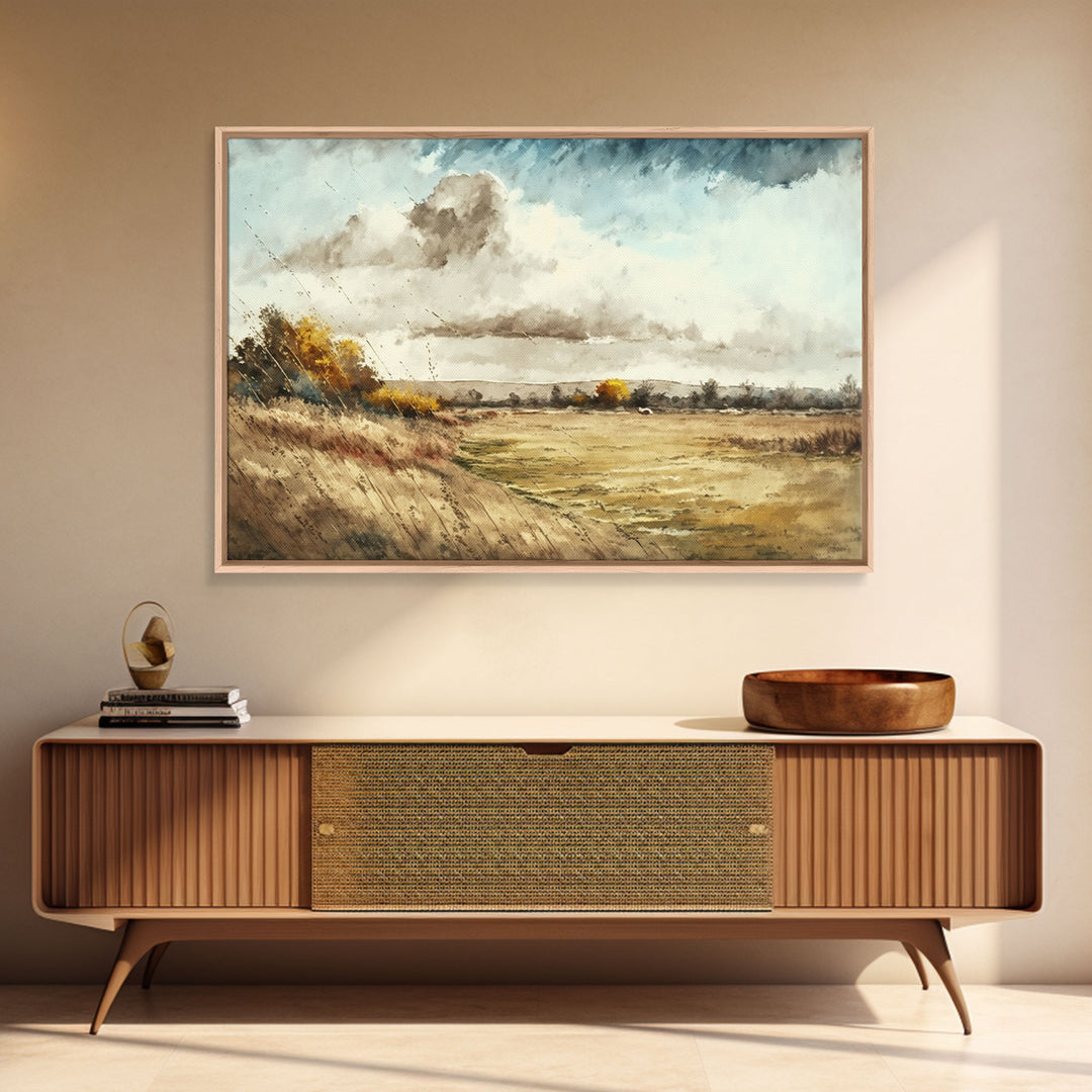Subdued Vintage Landscape Wall Art Canvas Print, Nature Framed Large Gallery Art, Minimalist Art Ready to Hang, With Hanging Kit, Muted Art