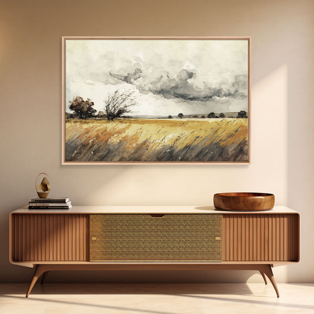 Muted Vintage Style Landscape Wall Art, Nature Framed Large Gallery Art, Oil Painting Art Ready to Hang, Framed Canvas Wall Decoration