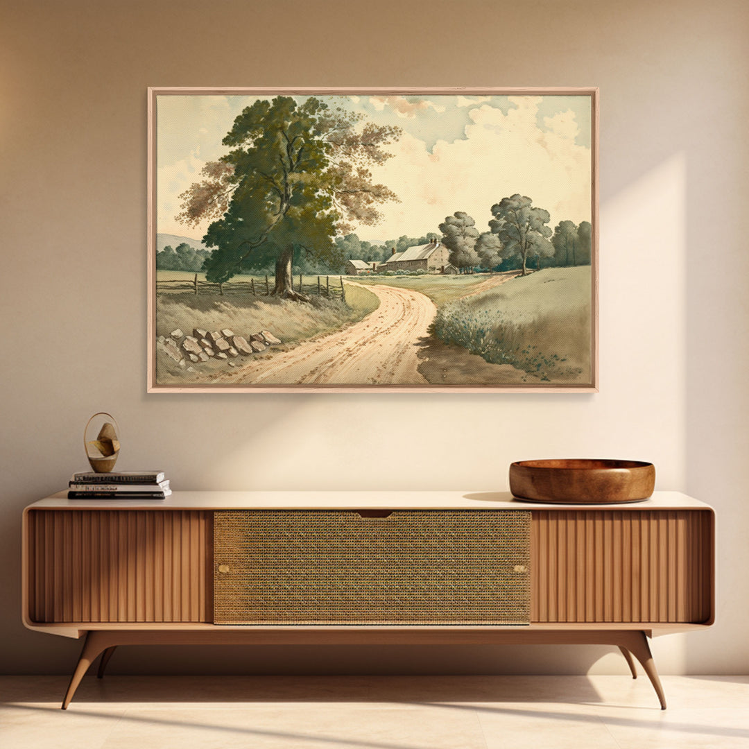 Vintage Landscape Wall Art Print, Nature Framed Large Gallery Art, Minimalist Art Ready to Hang, With Hangers, Muted Farmhouse Art
