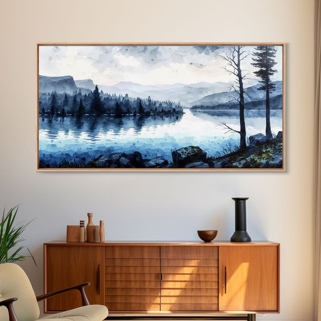 Blue Lagoon, Pacific Northwest Lake Art, Framed Canvas Print, Blue Wall Art, Watercolor Painting, Original Landscape Art Painting