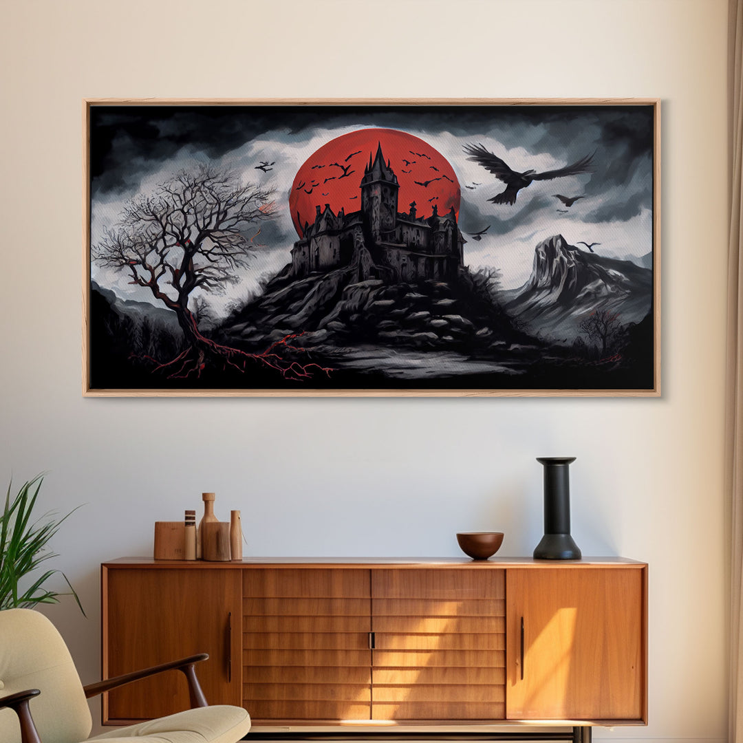 Horror Art, Haunted Castle and Blood Moon, Framed Canvas Print, Goth Art, Gothic Decor, Cool Wall Art