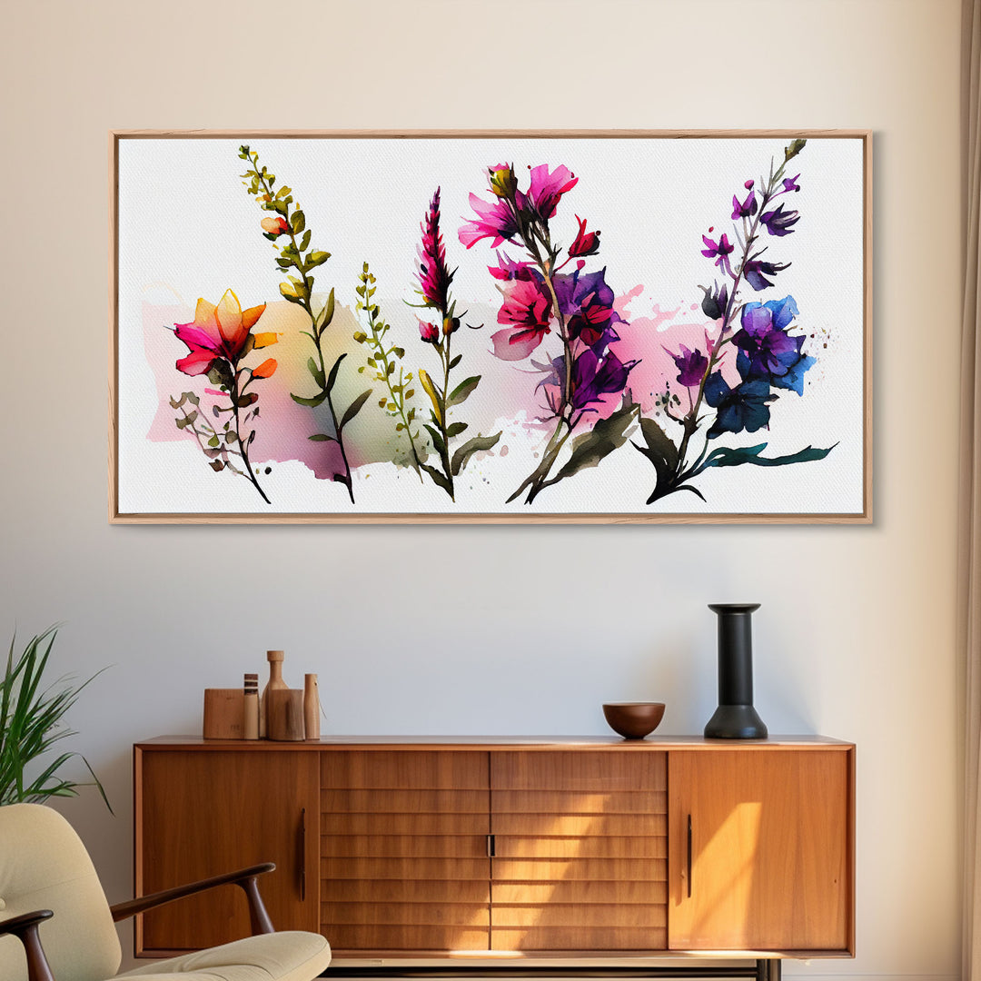 Colorful Wild Flowers On White Background, Framed Canvas Print, Watercolor Wall Art, Wall Decor, Floral Art, Pink Flowers, Mother's Day