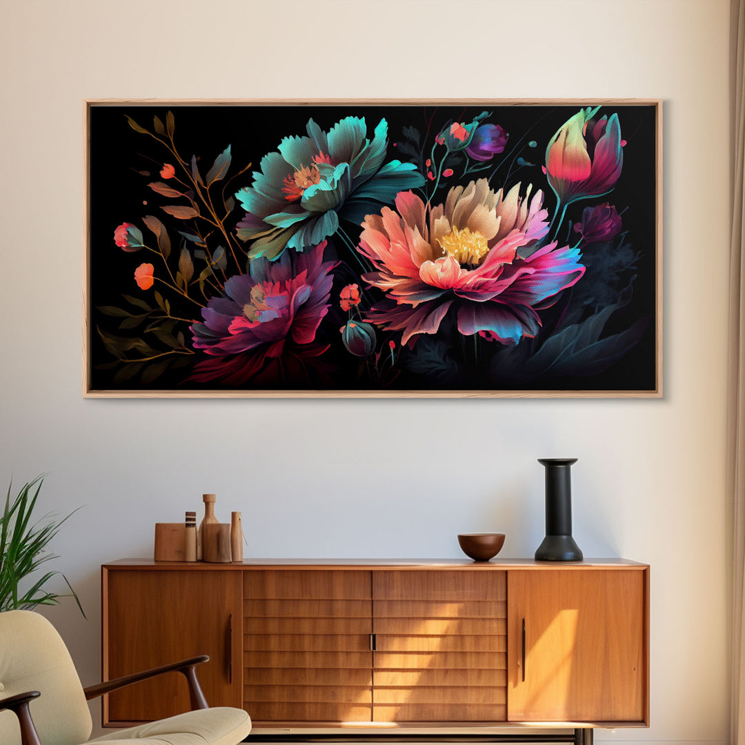 Vibrant Wild Flowers On Black Background, Framed Canvas Print, Watercolor Wall Art, Wall Decor, Floral Art, Pretty Flowers, Mother's Day