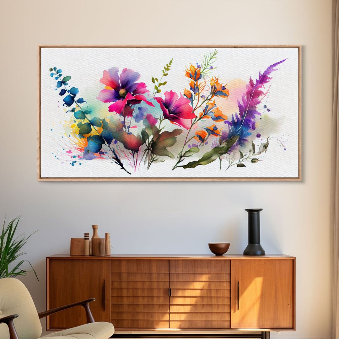 Pink Wild Flowers Wall Art, Framed Canvas Print, Mother's Day, Gift For Mom, Farmhouse Decor, Rustic Watercolor Painting White Background