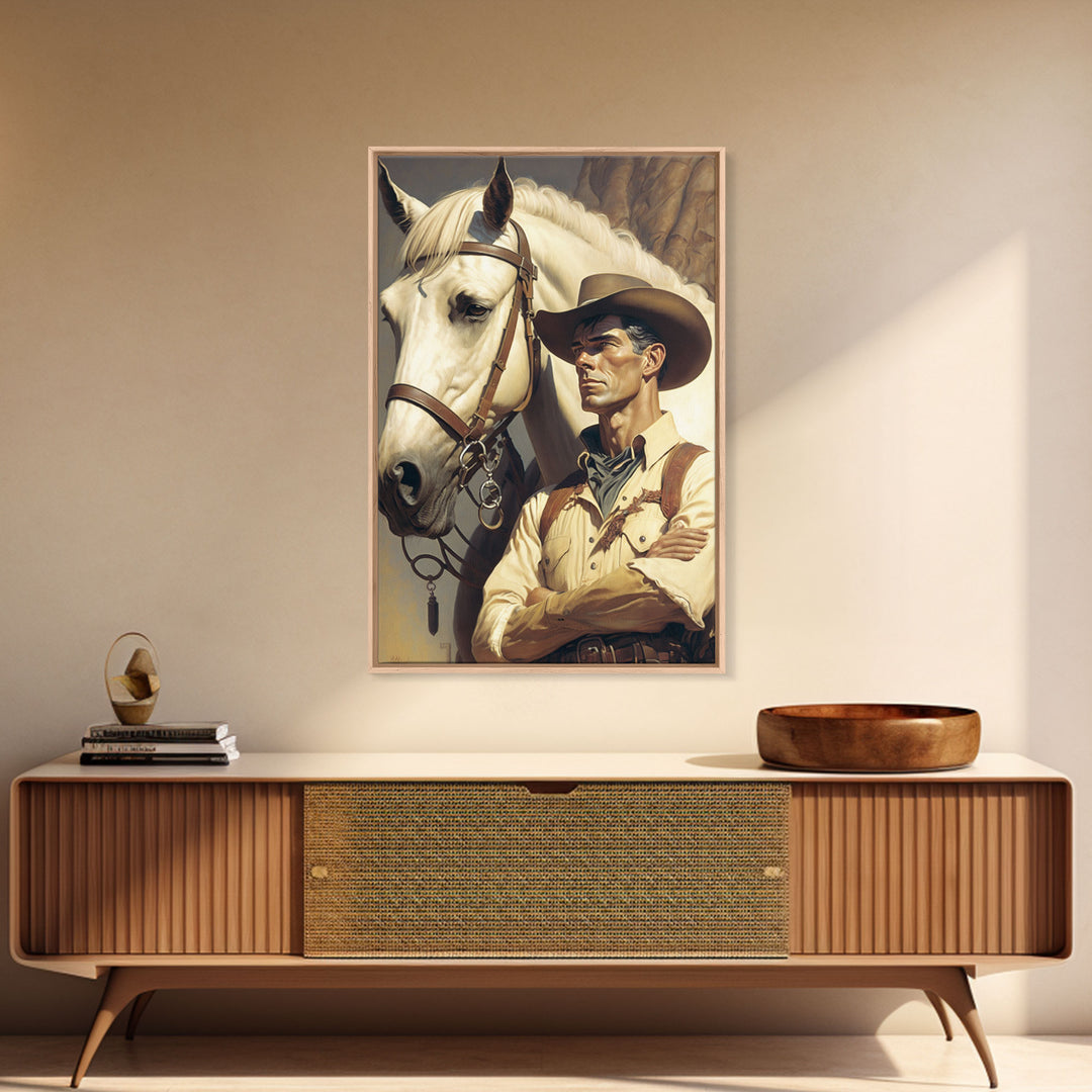 Western Cowboy Painting Canvas Print | Vintage Wall Art | Mid Century Decor | Antique Oil Painting | Moody Print | JC Leyendecker Inspired