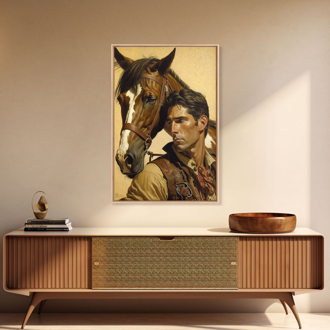 Western Cowboy Painting Canvas Print | Vintage Wall Art | Mid Century Decor | Antique Oil Painting | Moody Print | JC Leyendecker Inspired