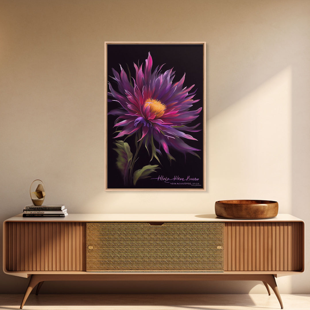 Vintage Style Flower / Botanical Painting Print / Framed Canvas Print / Beautiful Floral Decor / Boho Style Flower Art / Purple Flowers