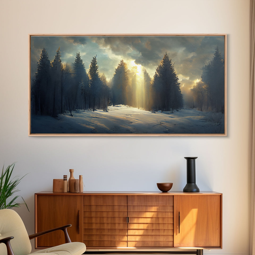 Snowy Forest Canvas Print, Scenic nature landscape, winter art, sunlight shining through the trees, Framed Wall Art