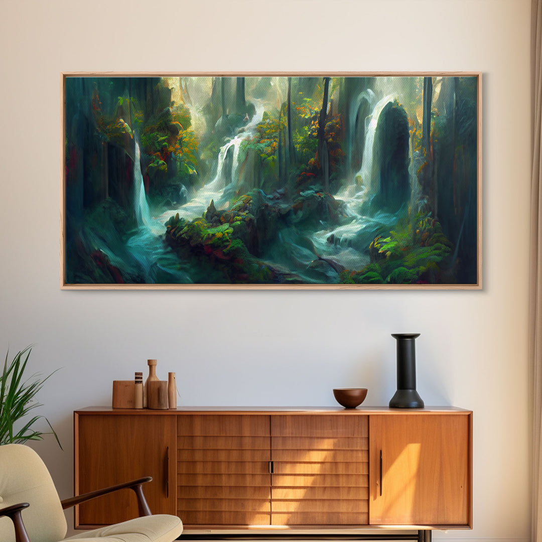 Waterfall wall art, canvas print, giclee, fantasy wall art, water color, nature wall decor, water landscape art, serenity art