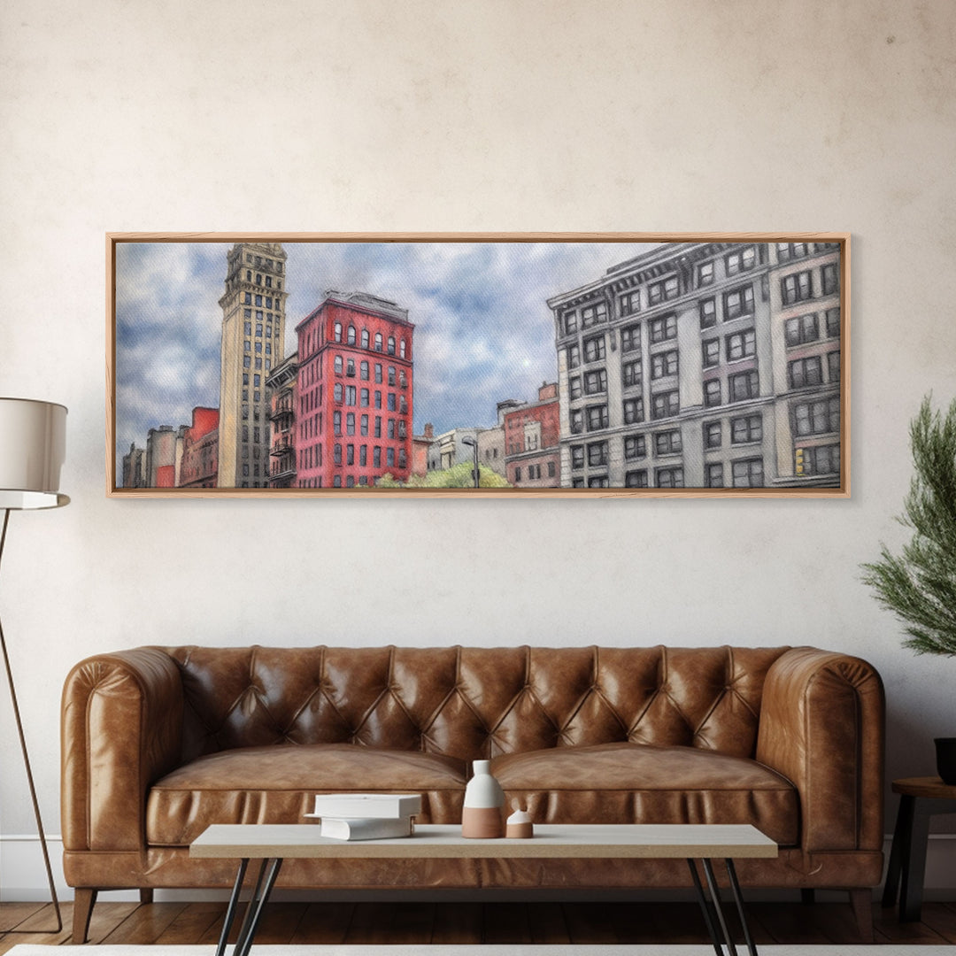 Colored Pencil City Canvas Print, Large Urban Art Print, Cityscape Art, Buildings, Red, Vibrant Art, Panoramic, Wall Art, Canvas Print