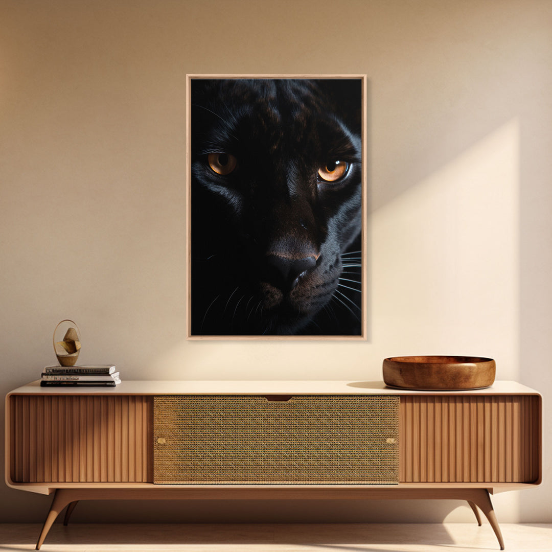Portrait Of A Predator, Black Cat, Black Panther Photography, Framed Canvas Print, Wood Frame Wall Art