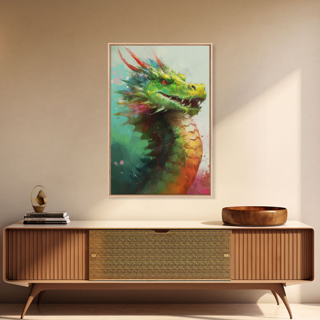 Framed Dragon Print, Watercolor Painting Of A Beautiful Dragon, Canvas Print, Canvas Art, Fantasy Decor