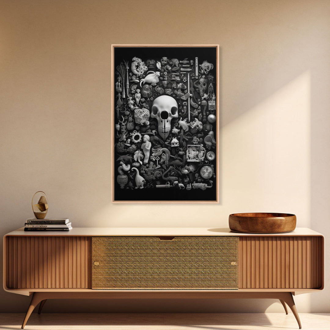Collection of Trinkets Wall Art, Weird Wall Art, Black And White, Minimalist Print, Wall Decor, Canvas Print, Wall Art, Framed Canvas