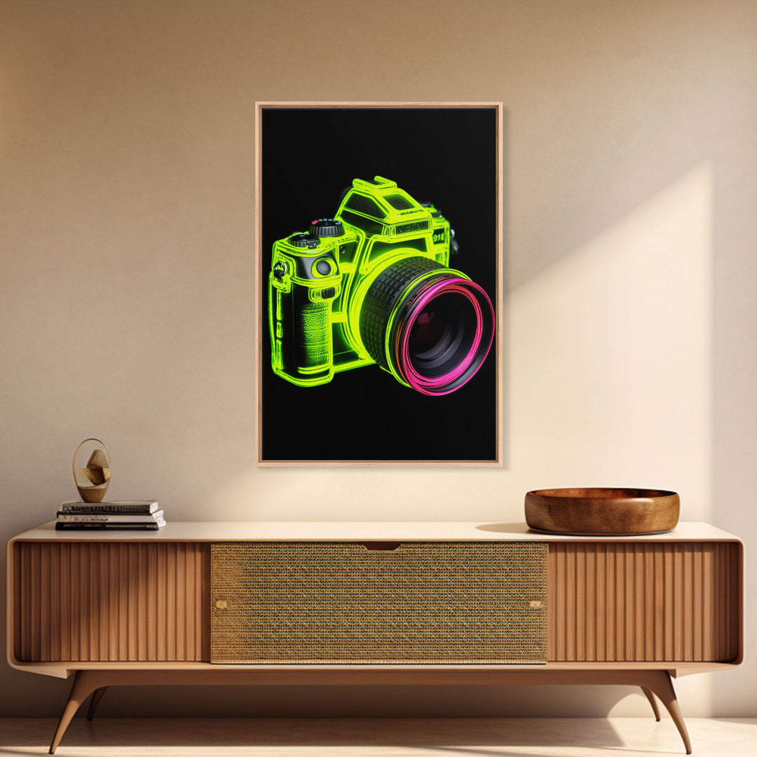 Neon Green Camera Wall Art, Neon Wall Decor, Photography Art, Minimalist Print, Wall Decor, Canvas Print, Wall Art, Framed Canvas