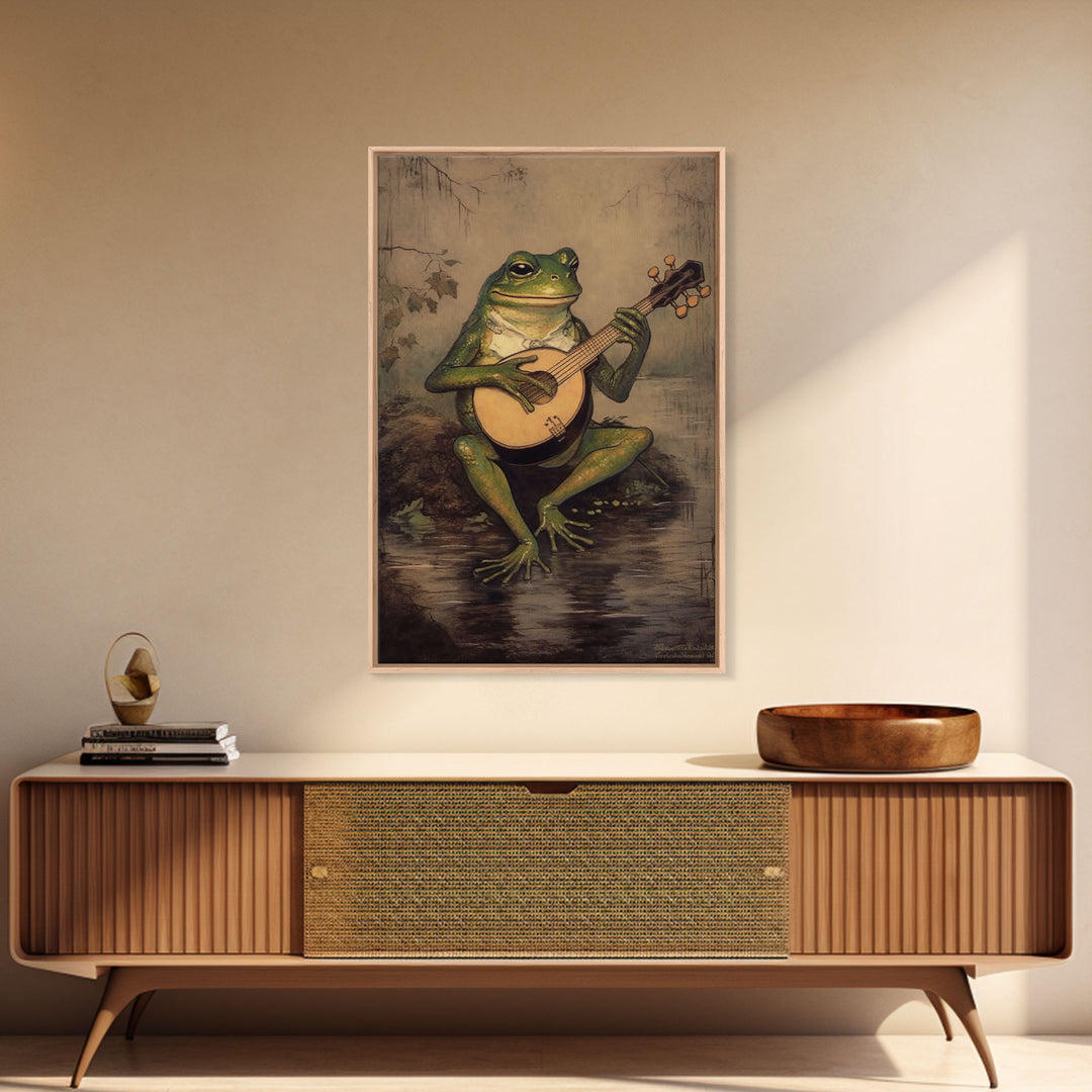 The Banjo Toad, Frog Playing A Banjo In The Moonlight, Vintage Canvas Print or Poster, Funny Frog Art, Retro Art, Vintage Print
