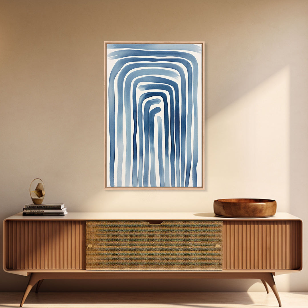 Framed Canvas Print Watercolor Blue Geometric Pastel Lines, Minimalist Abstract Room Decor, Mid-Century Modern Art Print, Retro Art