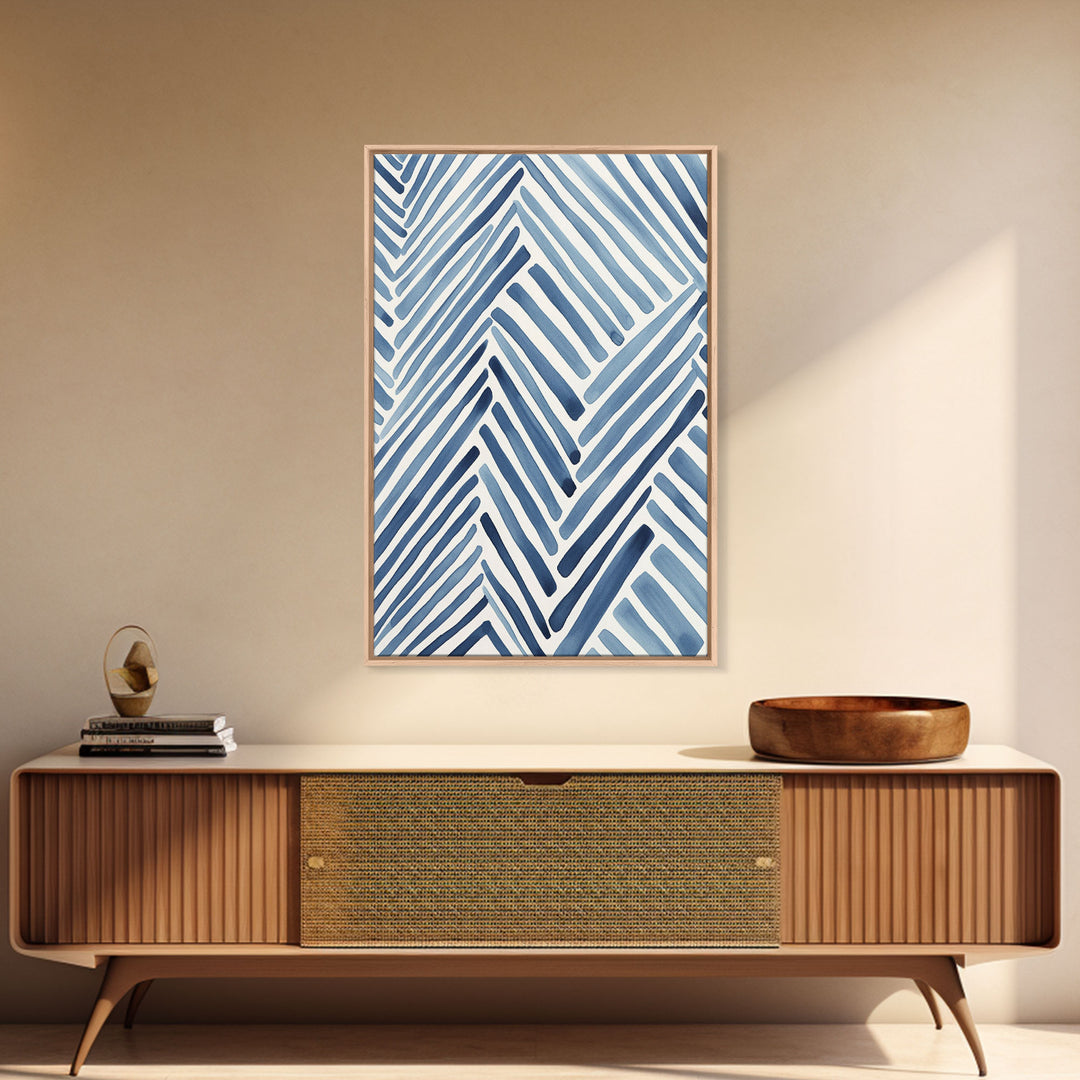 Framed Canvas Print Watercolor Blue Geometric Pastel Lines, Minimalist Abstract Room Decor, Mid-Century Modern Art Print, Retro Art