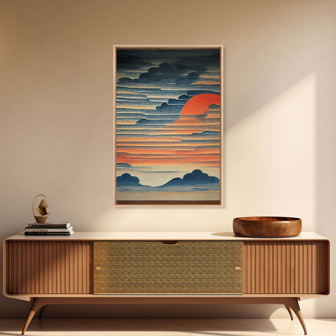 Japanese style wall art, sunrise over the mountains, canvas print, woodblock print style art, Hokusai style wall art