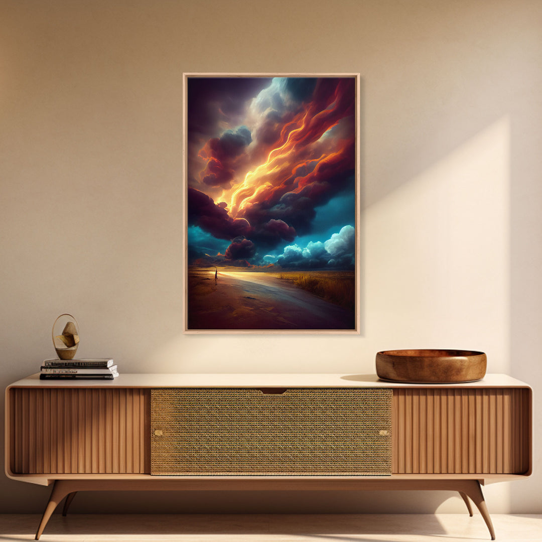 Watercolor painting canvas print of a thunder storm, gloomy wall art, golden hour, cool rain storm wall art