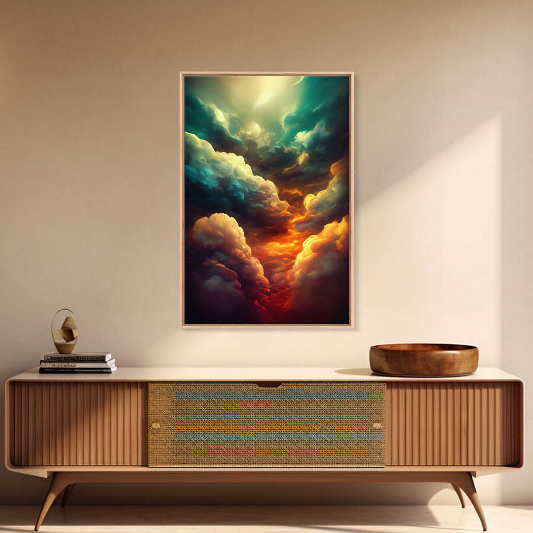 Watercolor painting canvas print of a thunder storm, gloomy wall art, golden hour, cool rain storm wall art, stormy skies