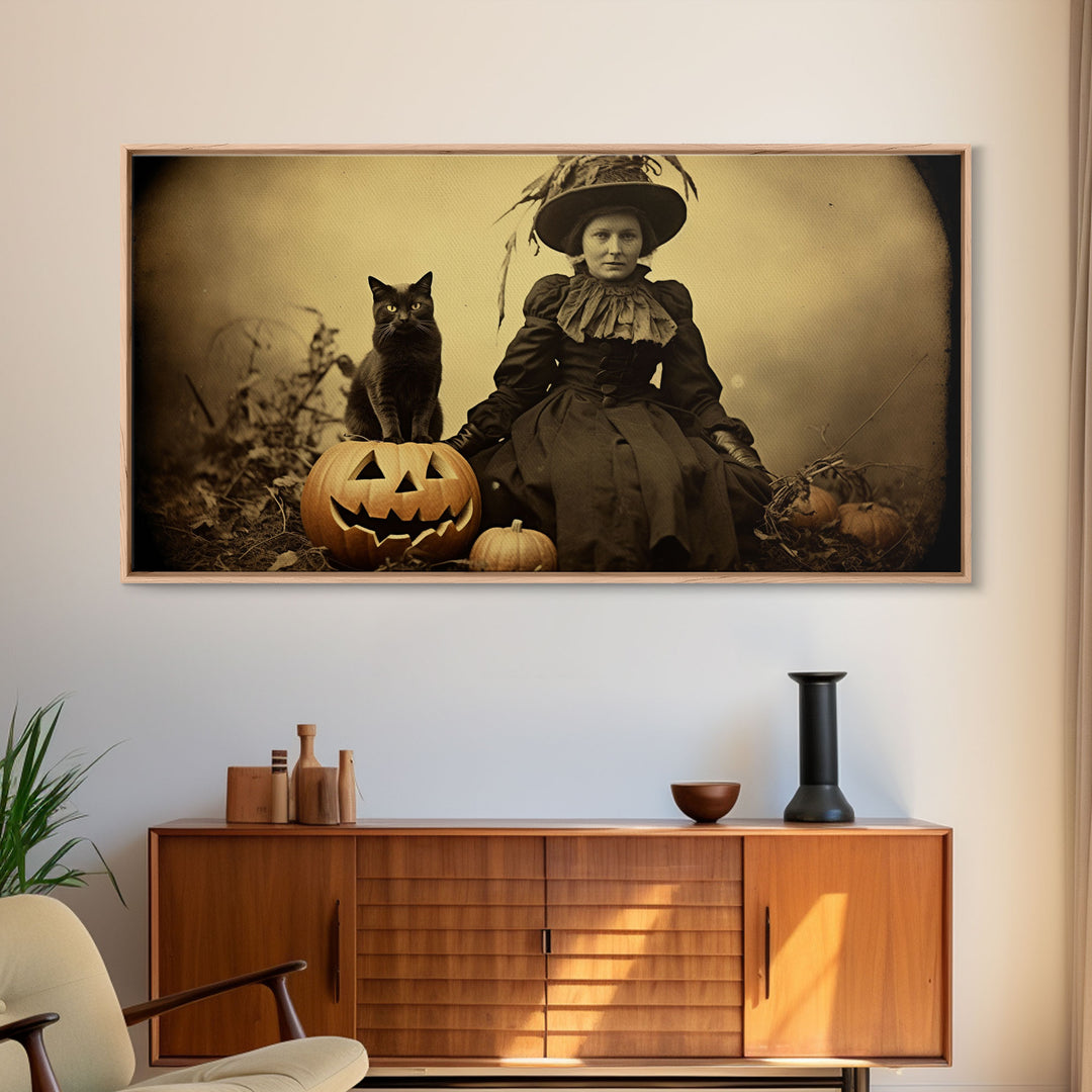 Spooky Halloween Art, Tin Type Photo Of A Witch and Her Black Cat, Witchy Decor, Canvas Print, Witch Girl, Dark Academia, Gothic Victorian