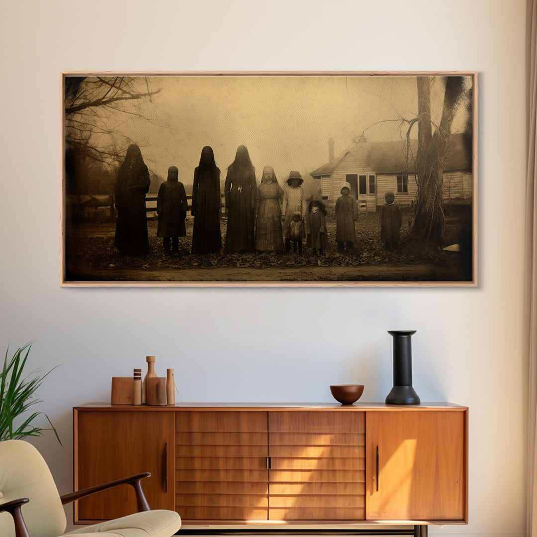 Spooky Ghost Family, Vintage Tin Type Photography Art, Framed Canvas Print, Dark Academia, Spooky Victorian Halloween Decor, Spoopy Ghosts